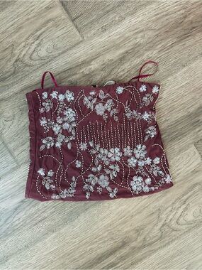 Embellished Maroon Floral Sequin StraplessTop
